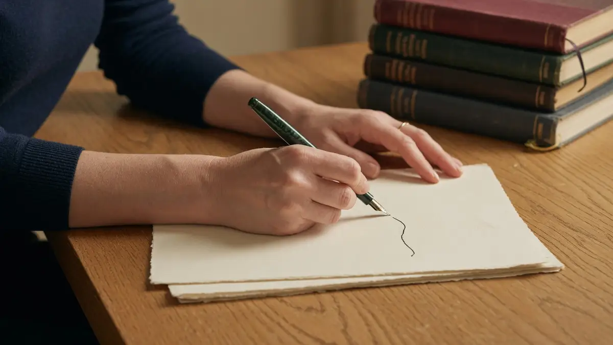 Handschriftliche Ausarbeitung an einem Schreibtisch – Fachautor bei der Arbeit